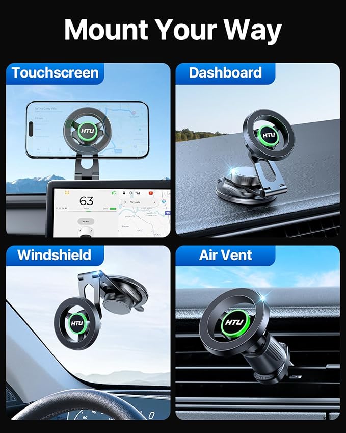 HTU 2026 Upgraded Car Phone Holder for Magsafe Magnetic Car Phone Mount [360° Adjustable 99LBS Ultra Suction] Cell Phone Holders for Tesla Cars/Gym/Mirror Mount for iPhone & Android (Black)