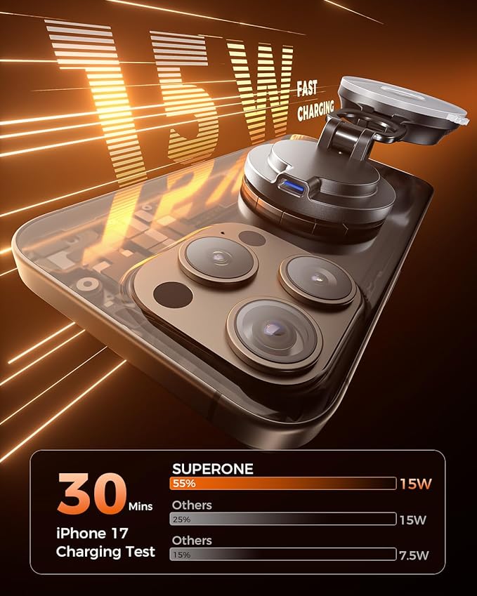 SUPERONE for MagSafe Car Mount Charger, 15W Magnetic Wireless Car Charger with Suction Cup, [Windshield+Dash] 360° Vacuum Phone Holders for Your Car for iPhone 17 16 15 14 13 12 Samsung with MagSafe