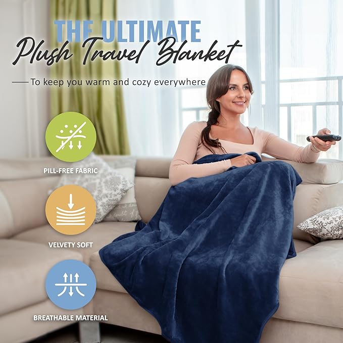 BOACAY Soft & Warm Travel Blanket for Airplane & Car - Long Flight Essential for Women, Men, Kids - Compact Pillow with Luggage Sleeve & Backpack Clip