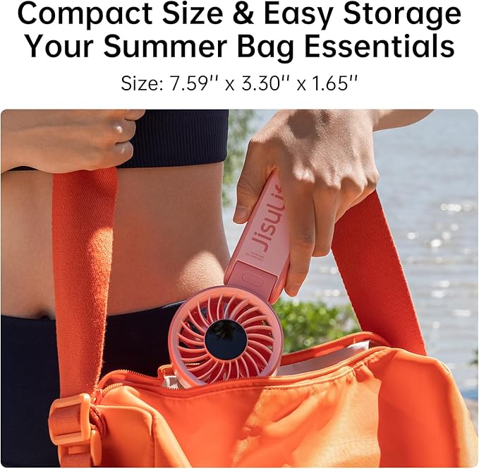 JISULIFE Handheld Fan Life7 – Ultimate Flexibility: High-Power Motor, LED Display, 3600mAh Rechargeable, 5-Speed, Foldable Design, 3-IN-1 Portable Hand/Desk/Neck Fan for Travel, Gift for Women (Pink)