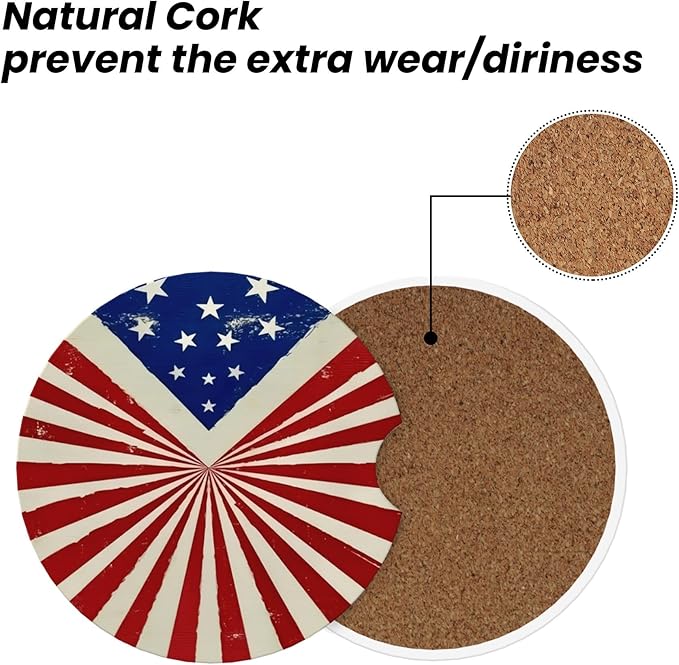 Absorbent Car Coasters for Cup Holders, 2 Pack Universal Anti Slip Ceramic Cup Coaster for Women Men 2.56 Inch Car Interior Accessories - Vintage Stars and Stripes 009