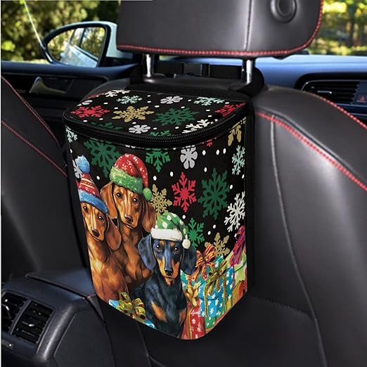 1.2 Gallons Car Garbage Can with Lid, Christmas Dog Trash Bag, Adjustable Hanging for Tail of Console/Back of Seats, Easy to Install, Odor-Free with Zipper Leak-Proof Lid Design