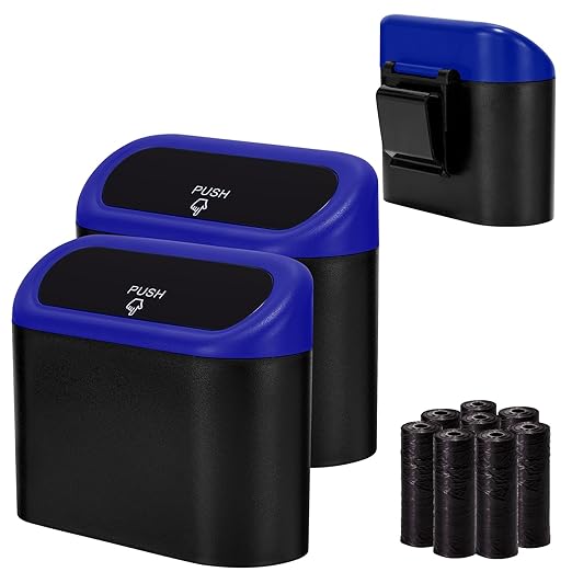 Ginsco 2 Pack Mini Car Trash Can with Lid, Small Car Garbage Can, Cute Leakproof ABS Car Trash Bin, Car Accessories for Interior, Garbage Bin for Car, Home, Office with 120pcs Trash Bags Black/Blue