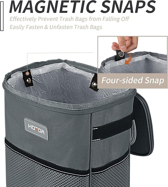 HOTOR Car Trash Can, Multifunctional Car Accessory for Interior Car Stuff Storage with Compact Design, Waterproof Car Organizer and Storage with Adjustable Straps, Magnetic Snaps, 2 Gallons, Gray