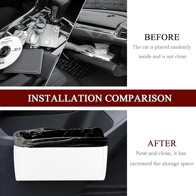Hovom Car Trash Can, Leather Waterproof Automotive Garbage Can with Trash Bag, Hanging Mini Vehicle Trash Bin, Small Auto Door Organizer Storage Pouch, Universal Car Accessories (White)