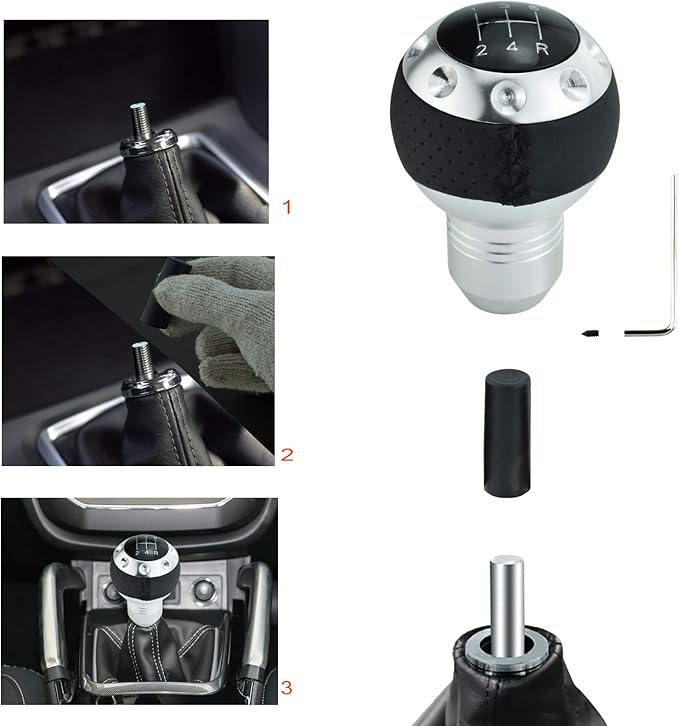 Lunsom 5 Speed Leather Shift Knob, Manual Transmission Handle Ball Gear Stick Shifter Head Fit Most Transmission Vehicle (Silver&Black)