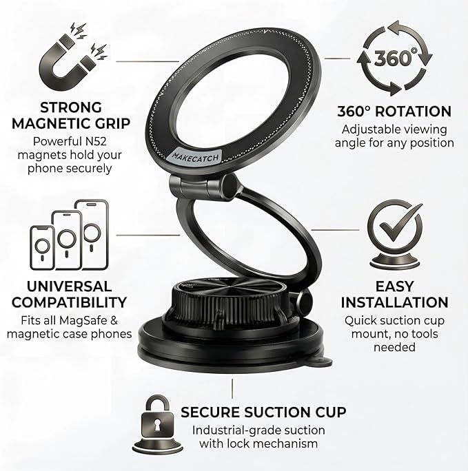 Vacuum Magnetic Car Phone Mount, 120+LB N55 Magnet (3000gf) Dashboard & Windshield Holder with Ultra-Stable Suction Cup, Foldable 0.83in Compact Car Mount for iPhone Samsung –Black