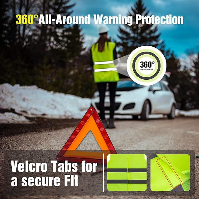 XOOL Emergency Warning Triangle Kit – Roadside Safety Kit with Reflective Warning Triangles, High-Visibility Safety Vests, Storage Bag & Gloves for Car Breakdowns & Emergencies