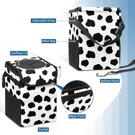 Black and White Cow Print Car Trash Can with Lid Collapsible Reusable Waterproof Car Garage Bag,Automotive Garbage Can,Car Accessories Interior Car Organizer