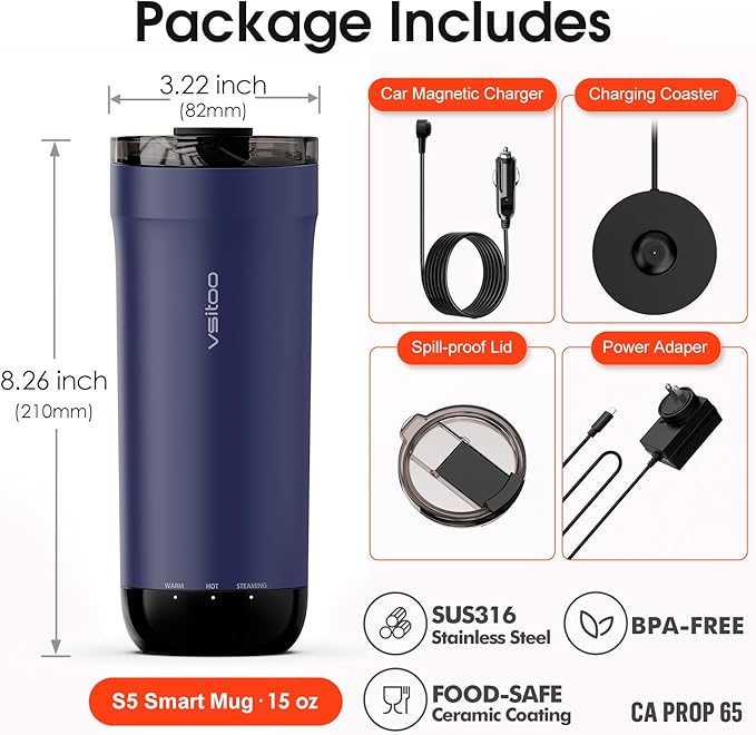 VSITOO S5 heated travel mug,16oz, Auto-Sensing AI Heats Drinks To 120-150°F Hands-Free. Temperature Control for All Cars, Perfect for Home/Office/Travel/Outdoor, Ideal Gift for Coffee Lovers - Blue
