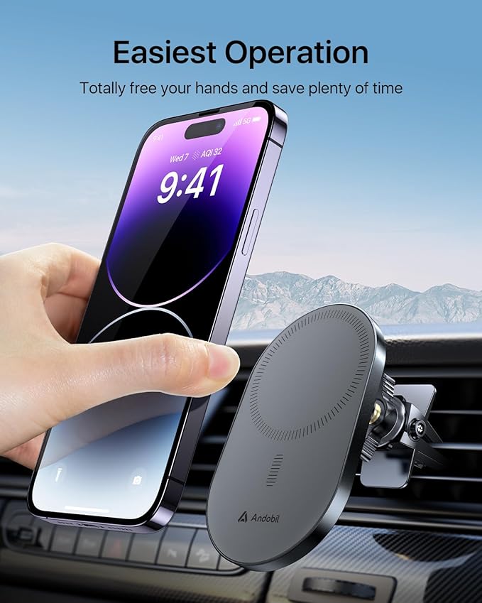andobil 2025 Upgraded for Magsafe Car Mount [Biggest Panel, Big Phone Friendly] 360° Rotation Magnetic Phone Holder for Car Vent Suitable for iPhone 17/16/15 Pro Max Samsung S25/S24 (Grey)