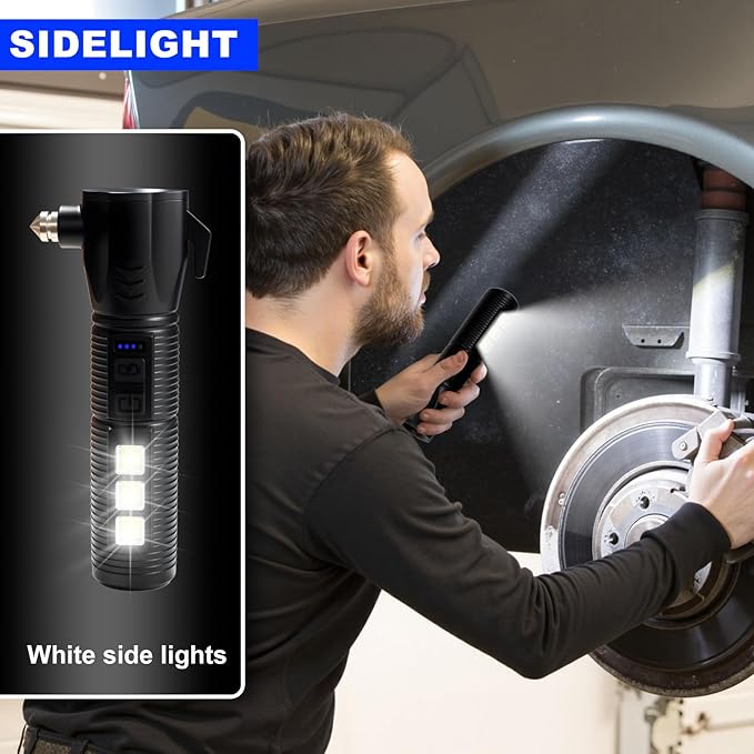 Black Emergency Car Flashlight - 2000 Lumen Dual Light 4-Level Battery Indicator Window Breaker & Seatbelt Cutter USB Rechargeable Ultra-Light 108g Car Emergency Tool