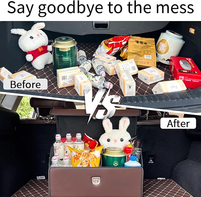 Trunk Organizer for Car With Lid,Foldable Trunk Organizer for SUVs & Sedans,Multi-Functional Leather Storage Box - Brown - Small