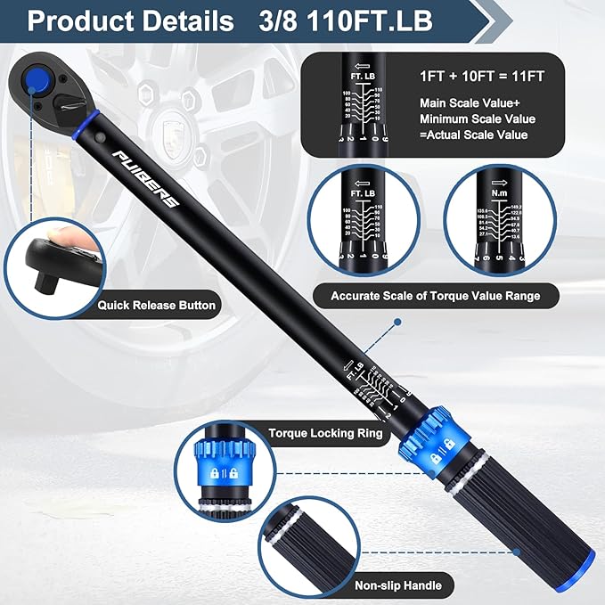 1/2 3/8 inch Drive Click Torque Wrench Set,2 Pcs Torque Wrenches 10-170 FT.LB/13.6-230.5Nm,10-110 FT.LB/13.6-149.2Nm,±3% High Accuracy Torquimetro for Bike, Moto and Car Repair
