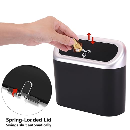 Ginsco Mini Car Trash Can with Lid, Small Car Garbage Can, Cute Leakproof ABS Car Trash Bin, Car Accessories for Interior, Garbage Bin for Car, Home, Office with 60pcs Trash Bags Black/Silver