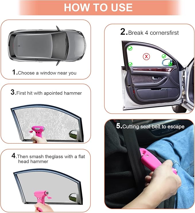 THINKWORK Window Breaker - Pink-Blue Car Safety Hammer Gift for Lady and Men, Three-in-One Emergency Escape Tool with Seat Belt Cutter, Safety Emergency Car Escape Tool for Family, Women, Children
