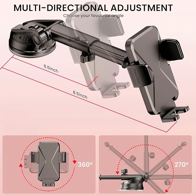 Universal Car Phone Mount Holder [3-in-1 Suction Cup] for Dashboard Windshield Air Vent, Military-Grade Adhesive Phone Car Mount, One Hand Release for iPhone Samsung Android Smartphones