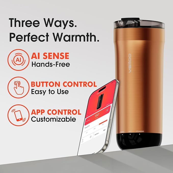 VSITOO S5 heated travel mug,16oz, Auto-Sensing AI Heats Drinks To 120-150°F Hands-Free. Temperature Control for All Cars, Perfect for Home/Office/Travel/Outdoor, Ideal Gift for Coffee Lovers - Copper