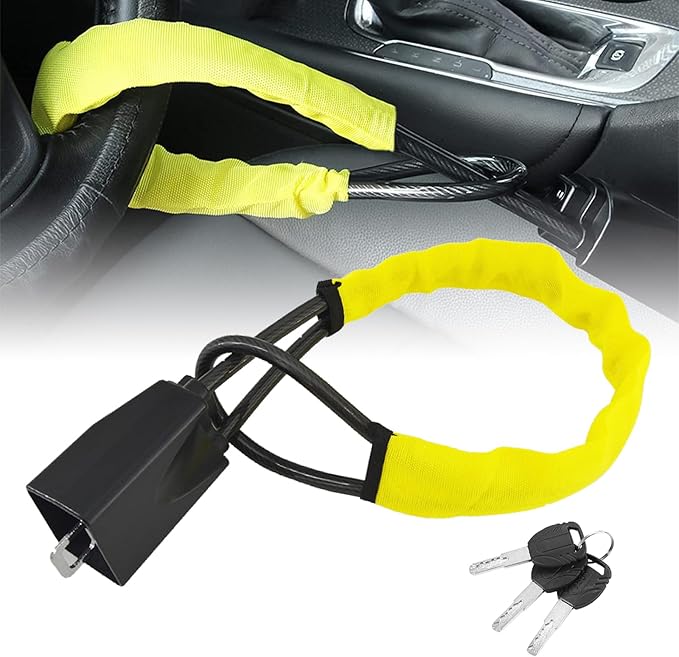 DualGuard Car Steering Wheel & Seat Belt Lock - 17" Universal Anti-Theft Device for Vehicles, SUVs, Golf Carts | Compact & Lightweight Security Lock with Multi-Function Keys (Yellow)