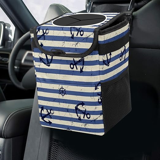 Car Trash Can Nautical Anchor Navy Blue Stripes Auto Garbage Bag Car Trash Can with Lid Leak-Proof Car Storage Bag Garbage Can Hanging for Headrest Collapsible and Portable with Storage Mesh Pocket
