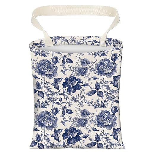 Cute Car Trash Can, Hanging Canvas Car Back Seat Organizer and Storage Bag, Funny Car Trash Bag For Travelling, Outdoor Blue Ceramic Floral