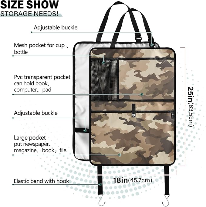 1 Pack Back Seat Car Organizer with Storage Pockets Kick Mats Back Seat Protector Hanging Car Organizer Automotive Seat Back Cover Organizers Brown Military Camouflage