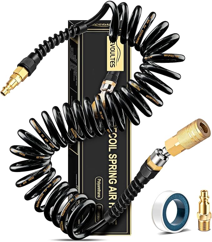 1/4 In x 28 Ft Polyurethane Recoil Air Hose, Upgraded Air Compressor Hose with Repairable Bend Restrictor, Air Hose kit w/ 360° Swivel 1/4" NPT Coupler & Brass Quick Connect Air Fittings