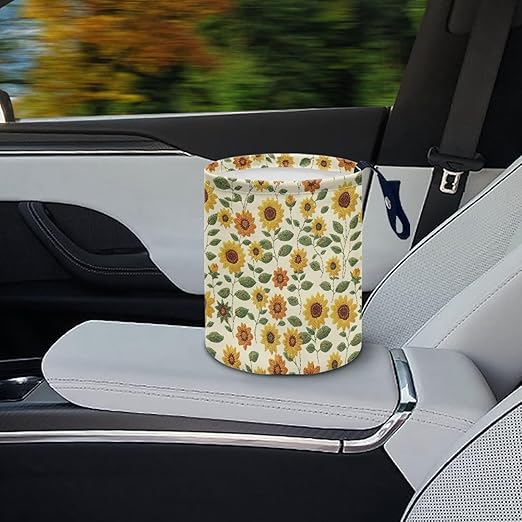 Sunflower Print Collapsible Can Trash Can - Hanging Portable Dustbin Bin for Cars, Camping & Family Gatherings, Easy to Clean