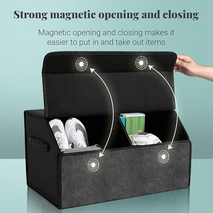 Trunk Organizer for Car, Leather Storage Box with Lid, Foldable Trunk Organizer for SUV, Waterproof Cargo Storage Box Collapsible and Adjustable with Magnetic Lock (Black)