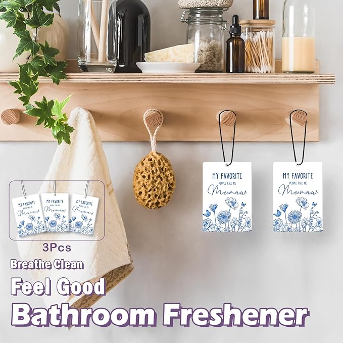 Meemaw Grandma Gifts Car Air Freshener Accessories 3pcs,My Favorite People Call Me Gifts for Grandma Christmas,Rustic Blue Flower Hanging Scent Fragrance Card for Women Closet Home Decor