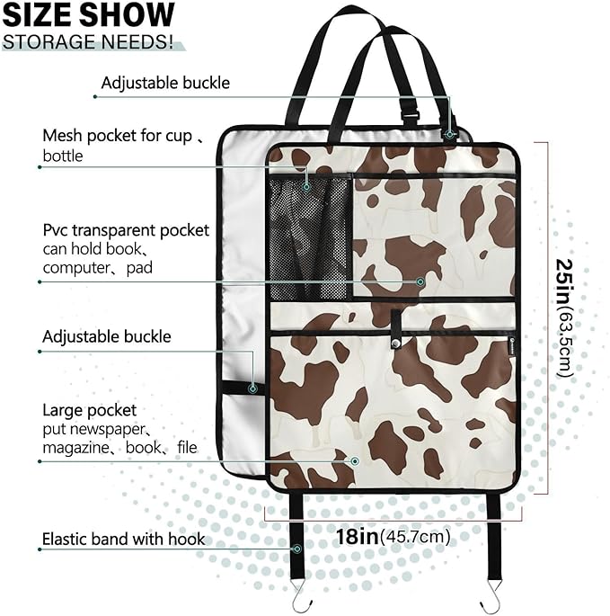 Brown Cow Print 1 Pack Backseat Car Organizer with Storage Pockets Seat Back Organizers for Kids Kick Mats Backseat Protector Automotive