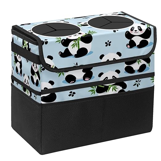 Car Trash Can with Lid, Portable Hanging Automotive Garbage Bin for Vehicles, Leakproof Waste Bag Container for SUV Truck Van Interior Auto Travel Road Trips(Panda)