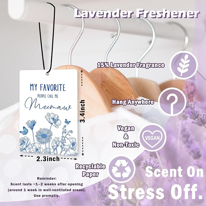 Meemaw Grandma Gifts Car Air Freshener Accessories 3pcs,My Favorite People Call Me Gifts for Grandma Christmas,Rustic Blue Flower Hanging Scent Fragrance Card for Women Closet Home Decor