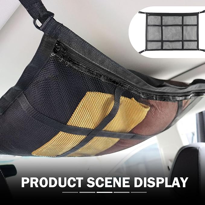 Upgrade Car Ceiling Cargo Net Pocket, 31.5" x 20.87" Strong Load Car Roof Storage Organizer, Double-Layer Mesh Camping Overlanding Gear Must Haves Cargo Net, Universal Road Trip Accessories