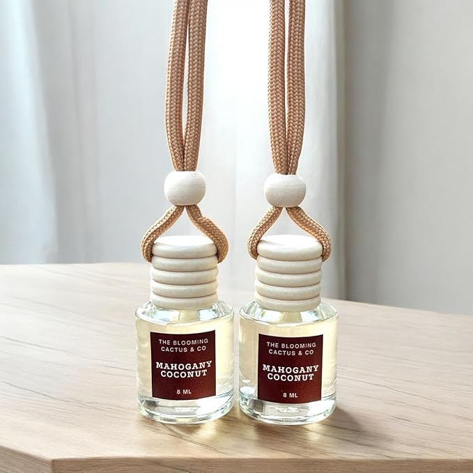 Car Air Hanging Fragrance Oil 2 Pack, Auto Freshener, Essential Oil Diffuser for Cars, Long Lasting Aroma Women Gift, Made in USA, Odors Eliminator, Interior Decor | MAHOGANY COCONUT - 8 ML