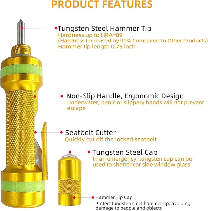 2-in-1 Window Breaker Seatbelt Cutter, Car Window Breaker Tool, Metal Glass Breaker - Extended Tungsten Steel Hammer Tip, Can Shatter Tempered & Laminated Glass (Gold,1 PCS)