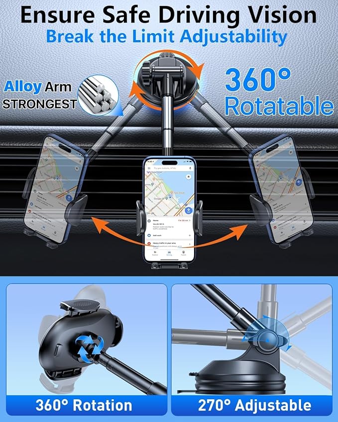 HTU 【Military-Grade Suction】 2025 Cell Phone Holder for Car【Flexible Telescopic Arm】 Car Phone Mount Stand for Dashboard Windshield for iPhone 16 Pro Max 15 14 13 12 Samsung Truck Jeep (Indigo)