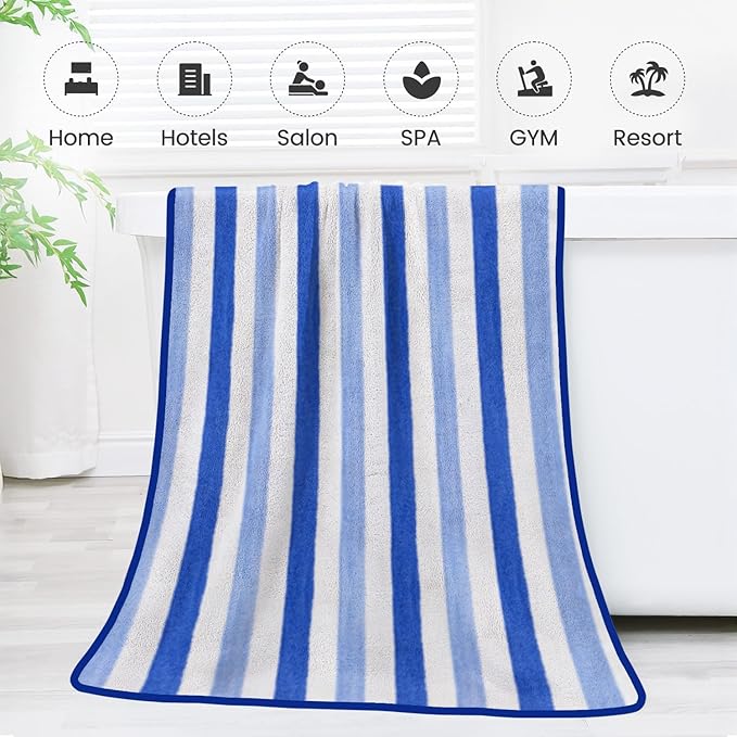 JML Bath Towels, Pack of 4, 30"x60", Large Microfiber Towel Set, Ultra Soft, Super Absorbent, Fast Drying, Perfect for Suana, Shower, Pool, Sport, Travel, Fitness, SPA,Yoga, Cabana Stripe Blue
