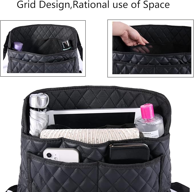 Modern Minimalist Car Seat Storage Bag - Black Faux Leather Caddy - Automotive Seat Back Organizer - 2 Compartments - Rectangular - Durable - Seat-back mounted - 15.35 x 3.94 x 10.63 inches