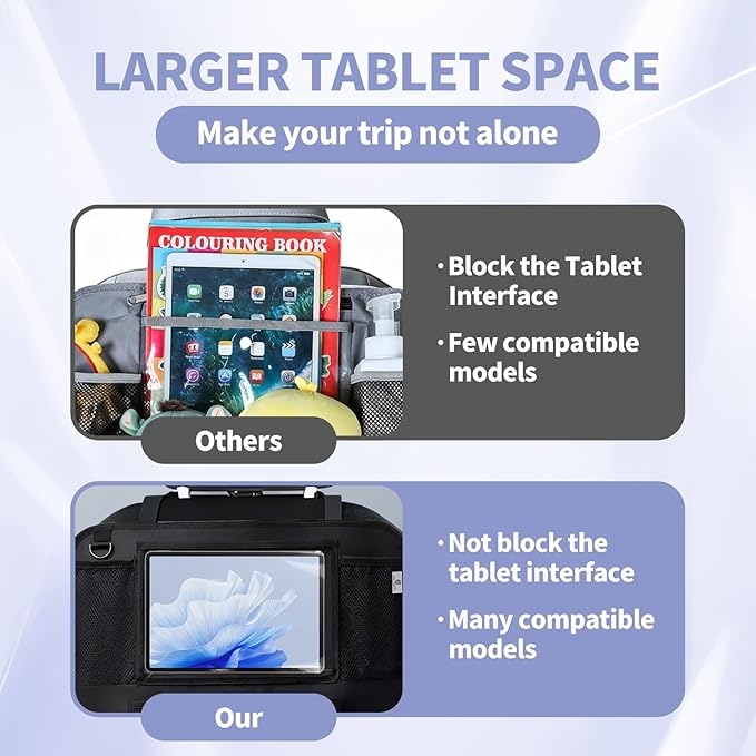 1 piece Car Back Seat Organizer with Tablet Holder, Premium 600D Oxford Fabric, 25x19 inch, 9 Storage Pockets, Waterproof, Tear Proof, Black