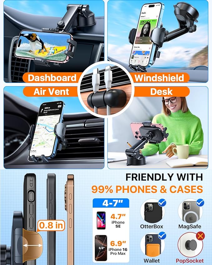 2026 Ultimate Best【True Military-Grade & Safety Cert】Car Phone Holder HTU【Upgraded 5-in-1 & 100+LBS Strongest Suction】360 Rotation Truck Windshield Dashboard Vent Mount Stand for iPhone Android, Blue