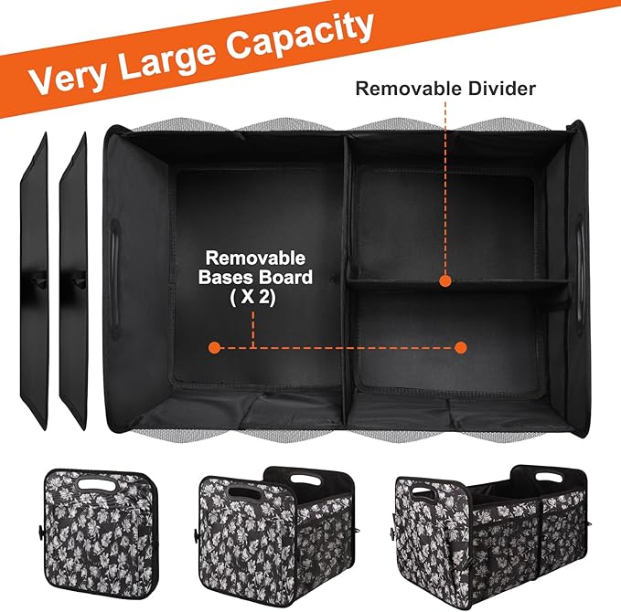 Trunk Organizer, Collapsible Trunk Organizers and Storage, Car Accessories for Women and Men, Multi-Compartment Trunk Storage Organizer for SUV, Car, Mini-Van - Floral