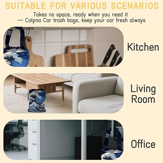 Great Sea Wave Car Garbage Bag, Small Car Trash Bag Hanging Back of Seat,Drawstring Car Trash Bag with Adjustable Buckle,Car Accessories for Camping Travelling