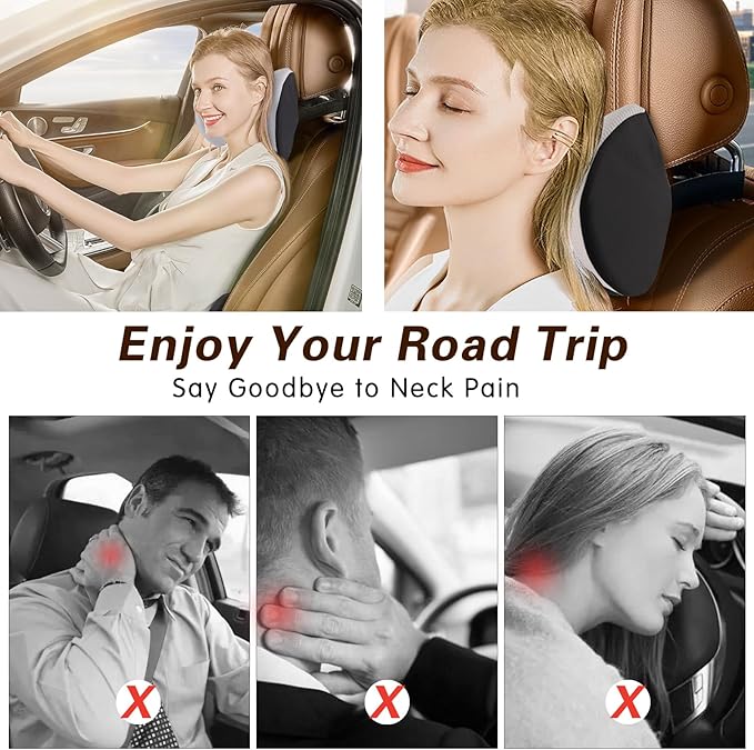 SPRFUFLY Cozy Car Headrest Pillow, Car Pillow for Driving with Adjustable Strap, Breathable Removable Cover & Ergonomic Design - Softness Travel Car Neck Pillow(Moonlight Silver, 1PC)