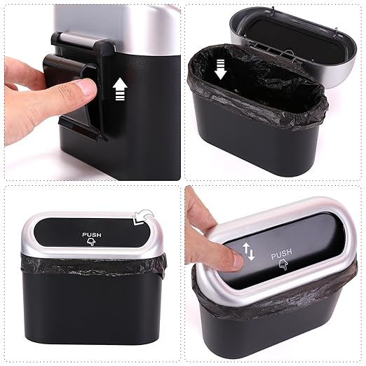 Ginsco Mini Car Trash Can with Lid, Small Car Garbage Can, Cute Leakproof ABS Car Trash Bin, Car Accessories for Interior, Garbage Bin for Car, Home, Office with 60pcs Trash Bags Black/Silver