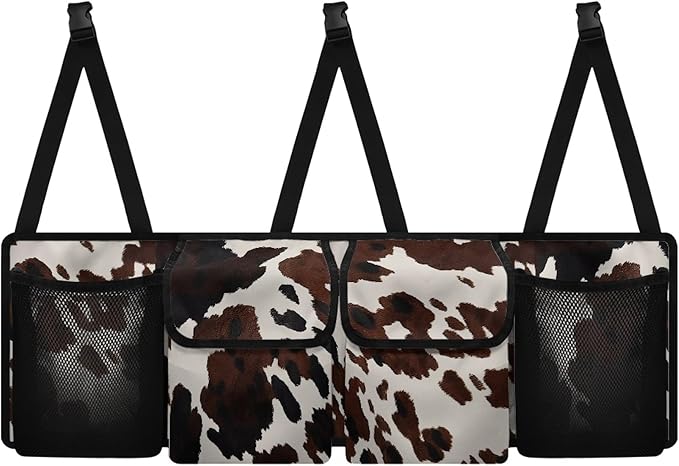CLOHOMIN Brown Cow Print Backseat Trunk Organizer Hanging Car Organizer Backseat for SUV Auto Truck Washable Backseat Storage Organizer for Car Easy to Install Rear Seat Storage Bag