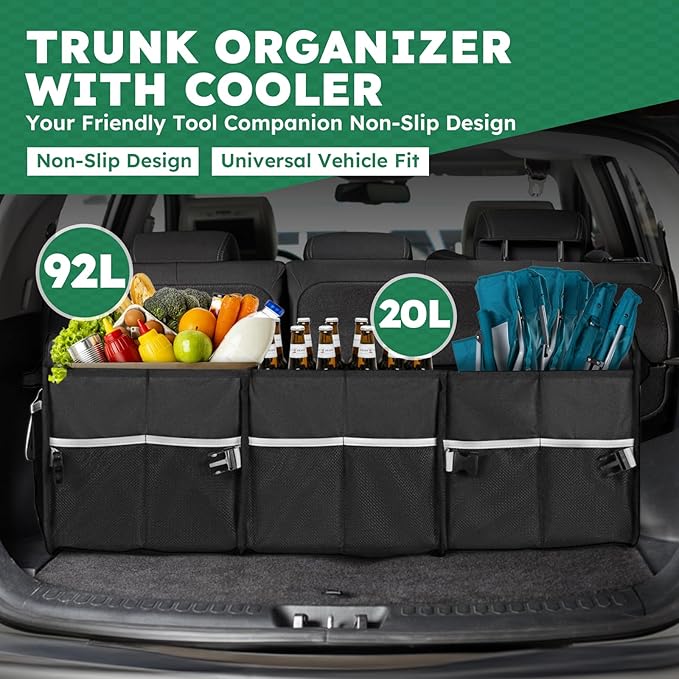 112L Large Capacity Car Trunk Organizer with 20L Insulated Fresh-Keeping Bag, Heavy-Duty 600D Waterproof Oxford Collapsible Storage for SUV, Sedan, Truck, 2 Securing Hooks & Reflective Strips