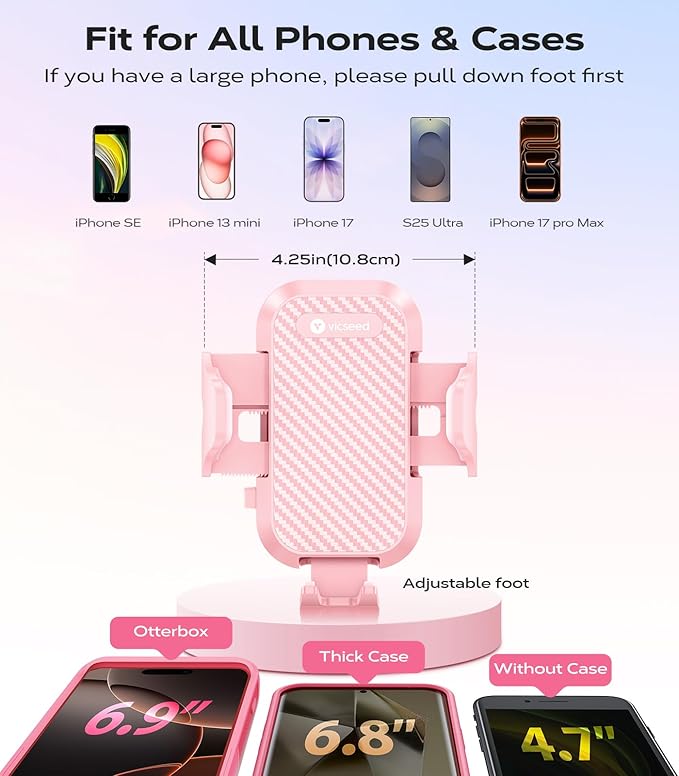 VICSEED Ultra Stable Pink Phone Holders for Your Car [Never Fall Off & Break] Universal Vent Cell Phone Mount for Car Easy Clamp Automobile Cradle for iPhone 17 Pro Max 16 15 14 Car Accessories Women