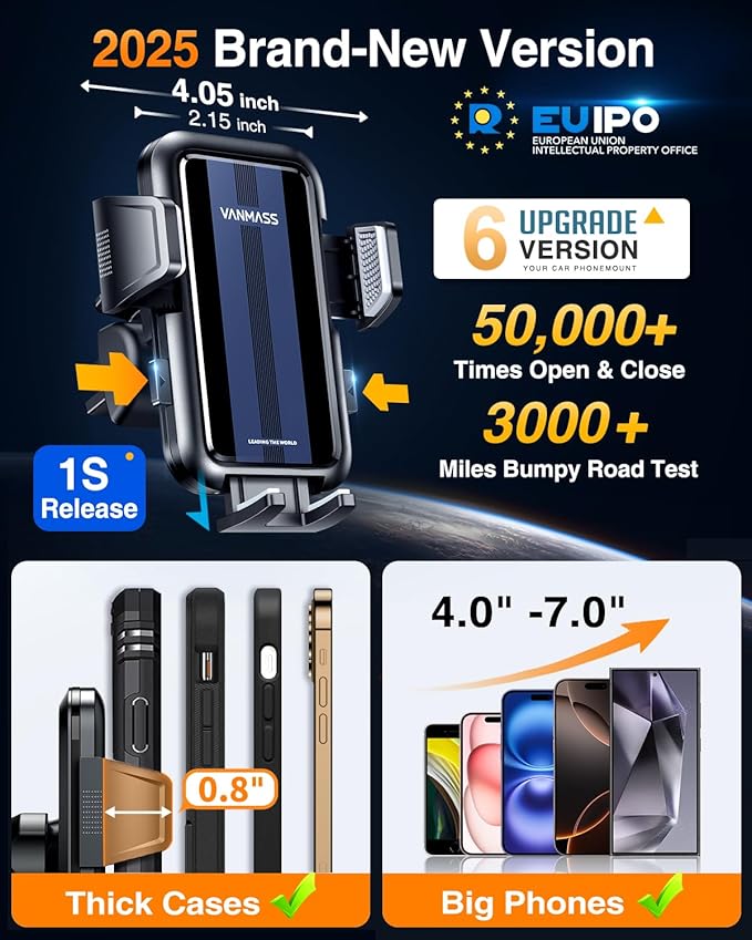 VANMASS 【85+LBS Strongest Suction & Military-Grade Ultimate Car Mount【Patent & Safety Certs】 Cell Phone Holder Truck Stand for GPS Vehicle Dashboard Windshield Vent for iPhone Samsung, Carbon Black