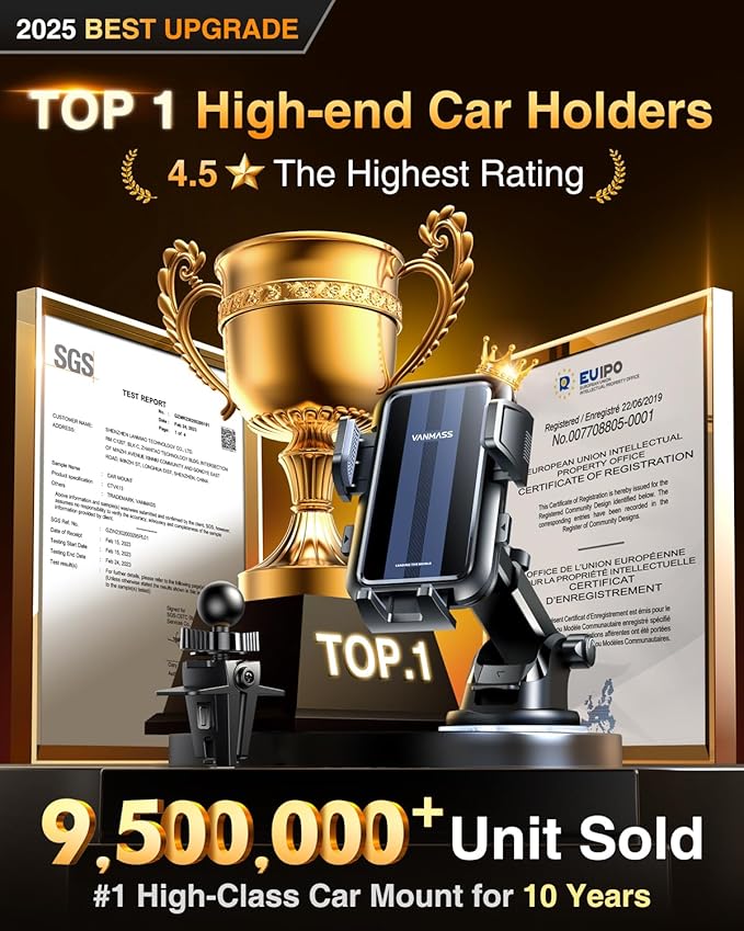 VANMASS 【85+LBS Strongest Suction & Military-Grade Ultimate Car Mount【Patent & Safety Certs】 Cell Phone Holder Truck Stand for GPS Vehicle Dashboard Windshield Vent for iPhone Samsung, Carbon Black